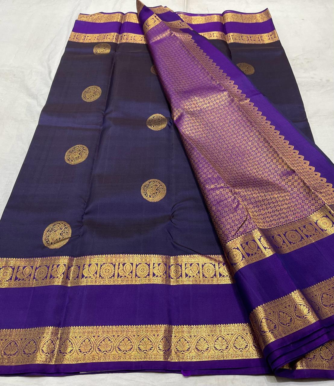 NAVY BLUE/VOILET COMBITION PURE KANCHI SILK SAREE