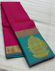 PINK/TORQUISE GREEN  COMBITION PURE KANCHI SILK SAREE