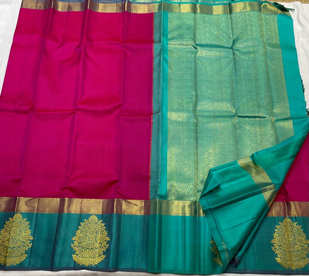 PINK/TORQUISE GREEN  COMBITION PURE KANCHI SILK SAREE