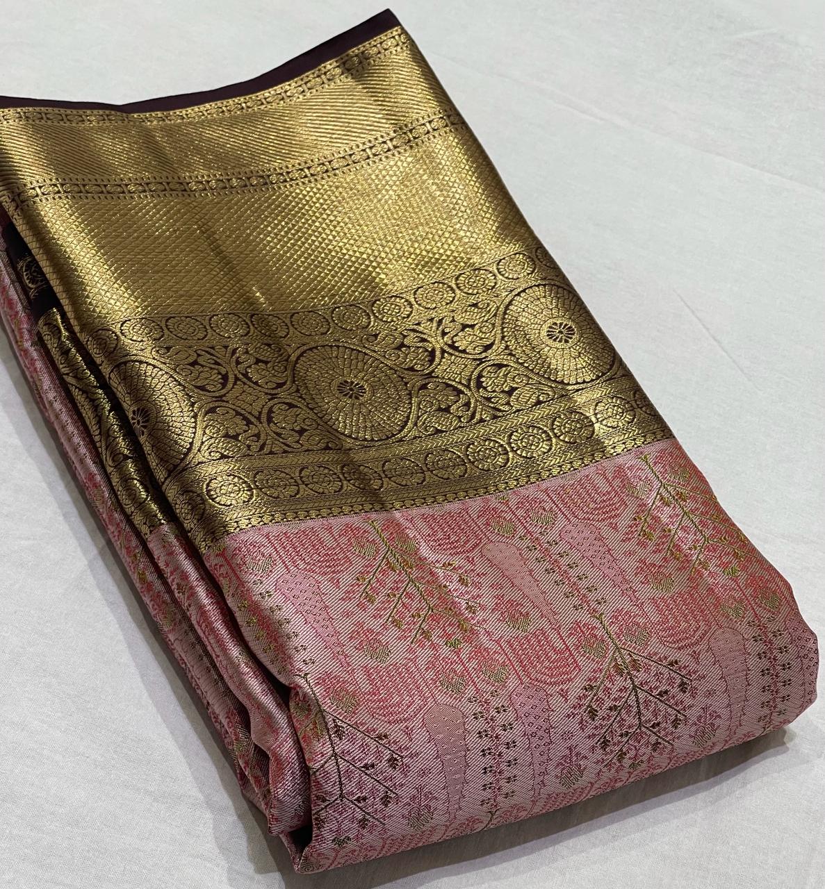 BABY PINK/BROWN COMBITION PURE KANCHI SILK SAREE