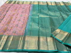 PEACH/RAMA GREEN COMBITION PURE KANCHI SILK SAREE