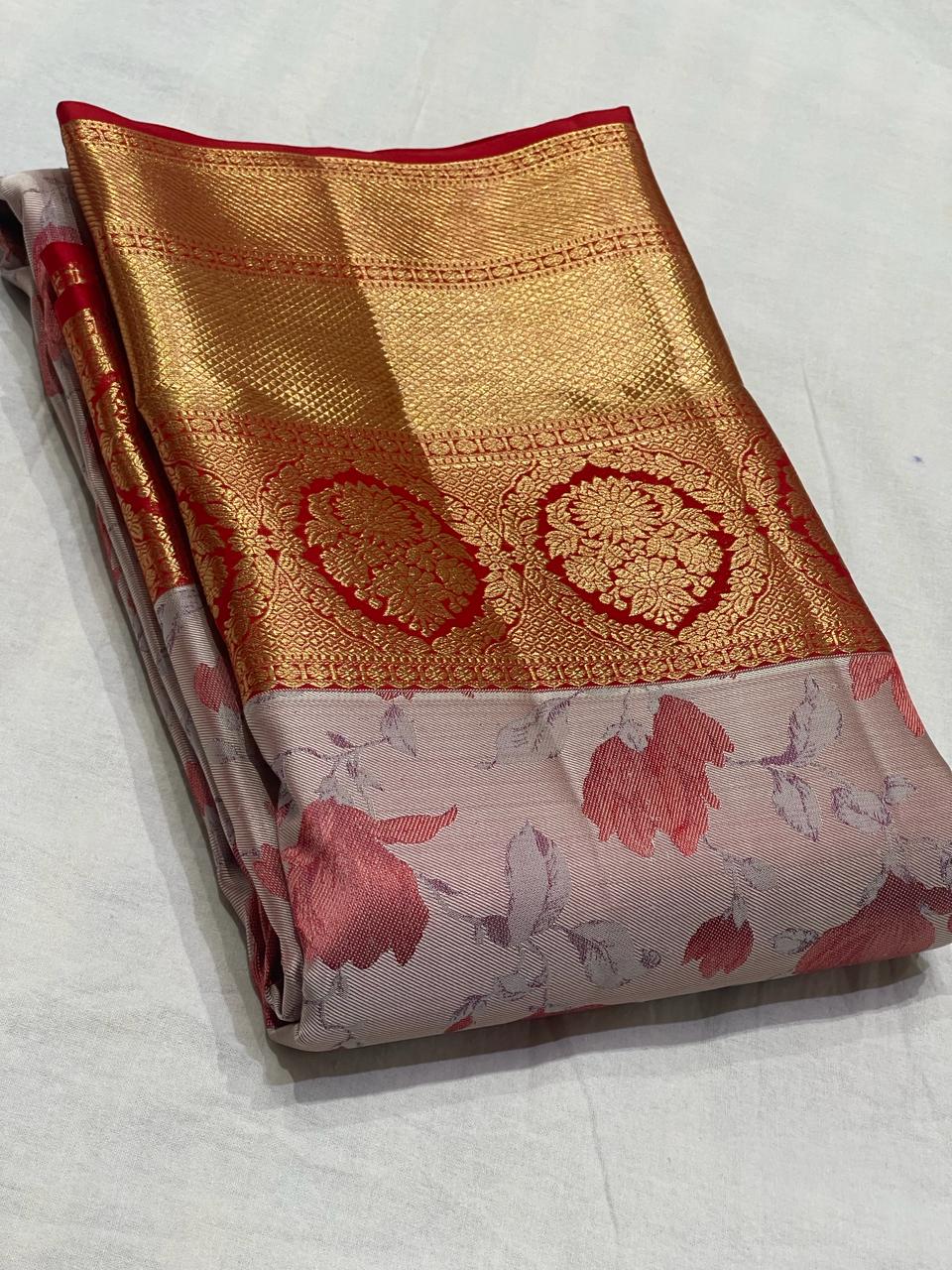 HALF WHITE/RED COMBITION PURE KANCHI SILK SAREE