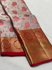 HALF WHITE/RED COMBITION PURE KANCHI SILK SAREE