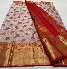 HALF WHITE/RED COMBITION PURE KANCHI SILK SAREE