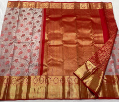 HALF WHITE/RED COMBITION PURE KANCHI SILK SAREE