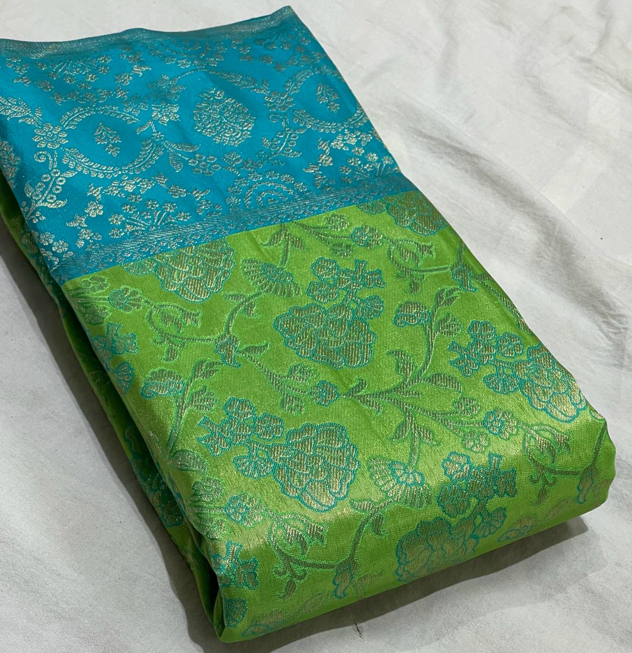 GREEN/SKY BLUE COMBITION PURE KANCHI SILK SAREE