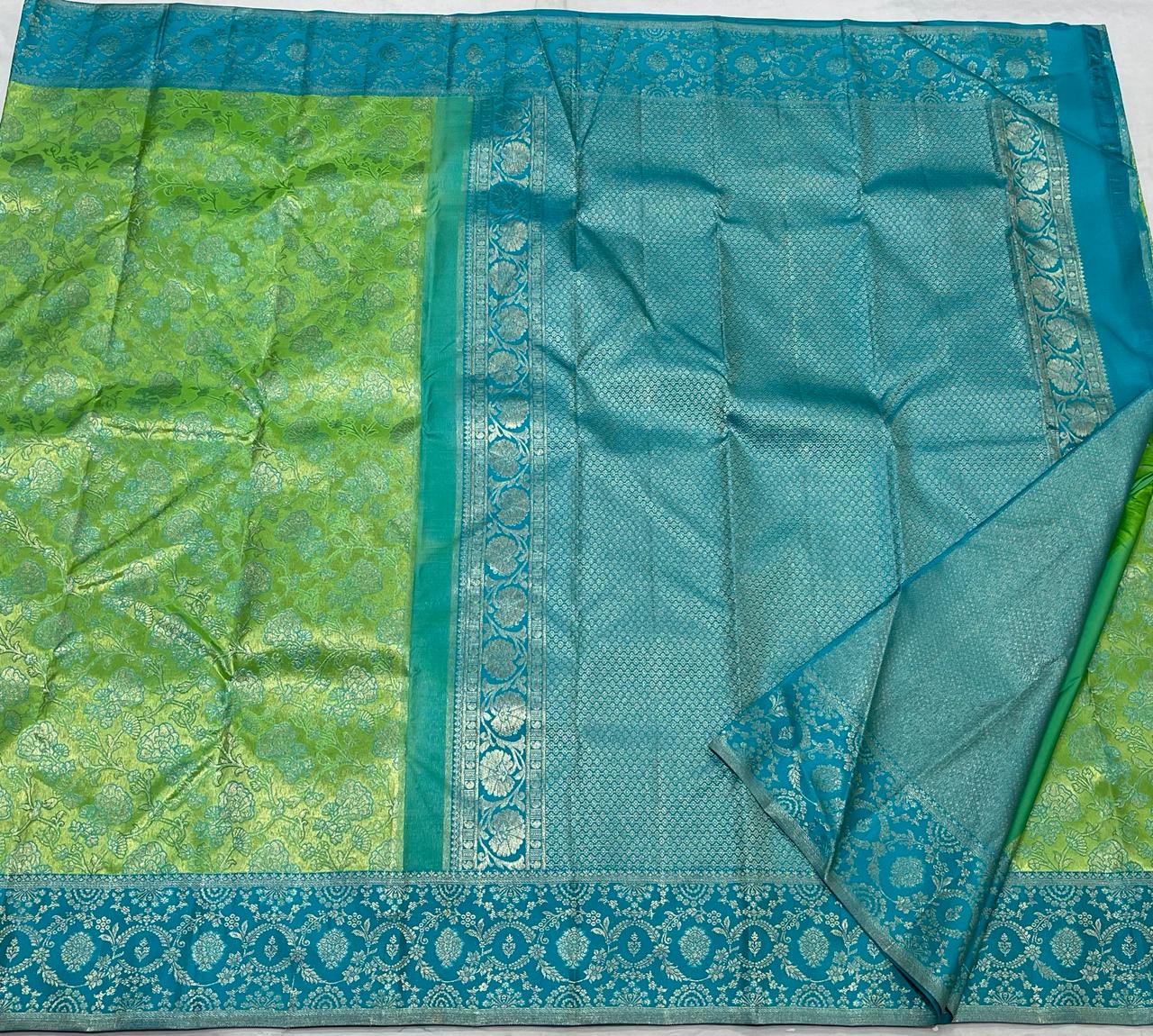 GREEN/SKY BLUE COMBITION PURE KANCHI SILK SAREE