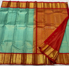 SEA GREEN/RED  COMBITION PURE KANCHI SILK SAREE