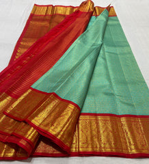 SEA GREEN/RED  COMBITION PURE KANCHI SILK SAREE