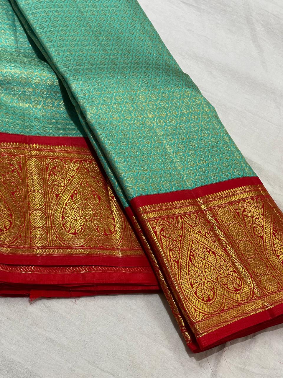 SEA GREEN/RED  COMBITION PURE KANCHI SILK SAREE