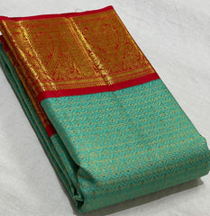 SEA GREEN/RED  COMBITION PURE KANCHI SILK SAREE