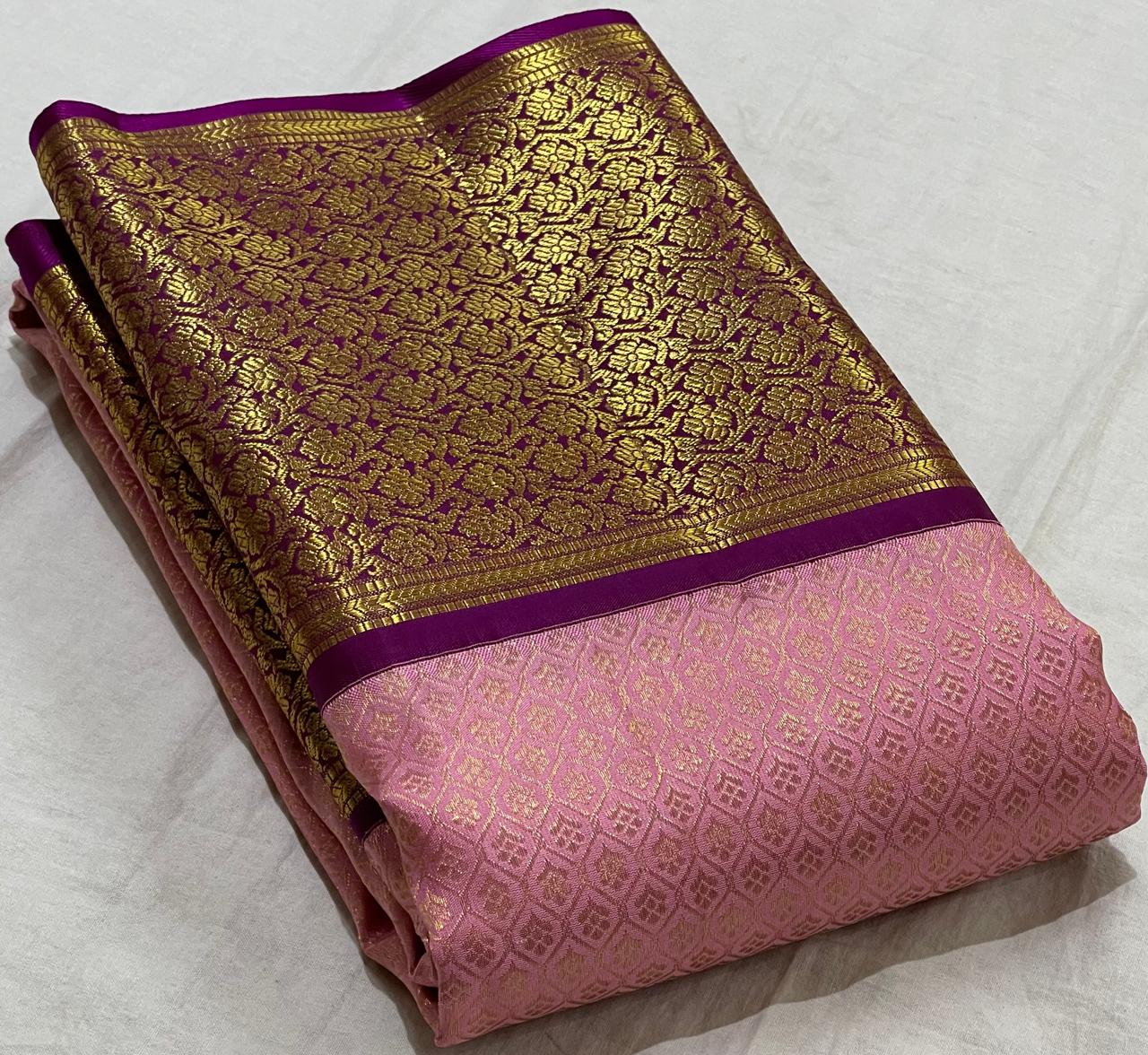 BABY PINK/PURPLE  COMBITION PURE KANCHI SILK SAREE