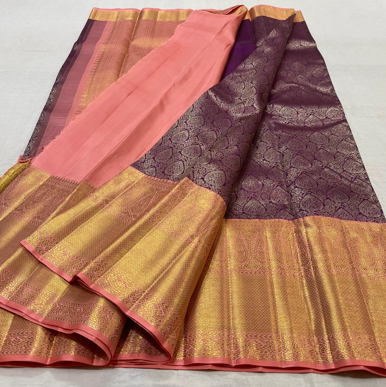 PURPLE/PEACH  COMBITION PURE KANCHI SILK SAREE