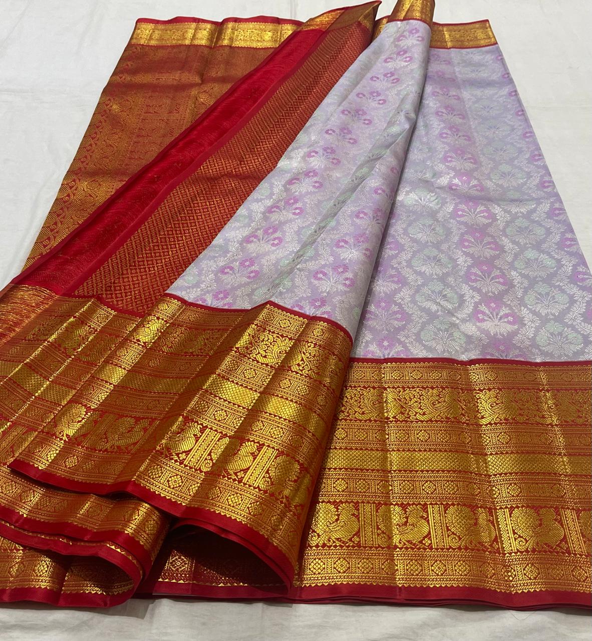 SILVER/MARRON  COMBITION PURE KANCHI SILK SAREE