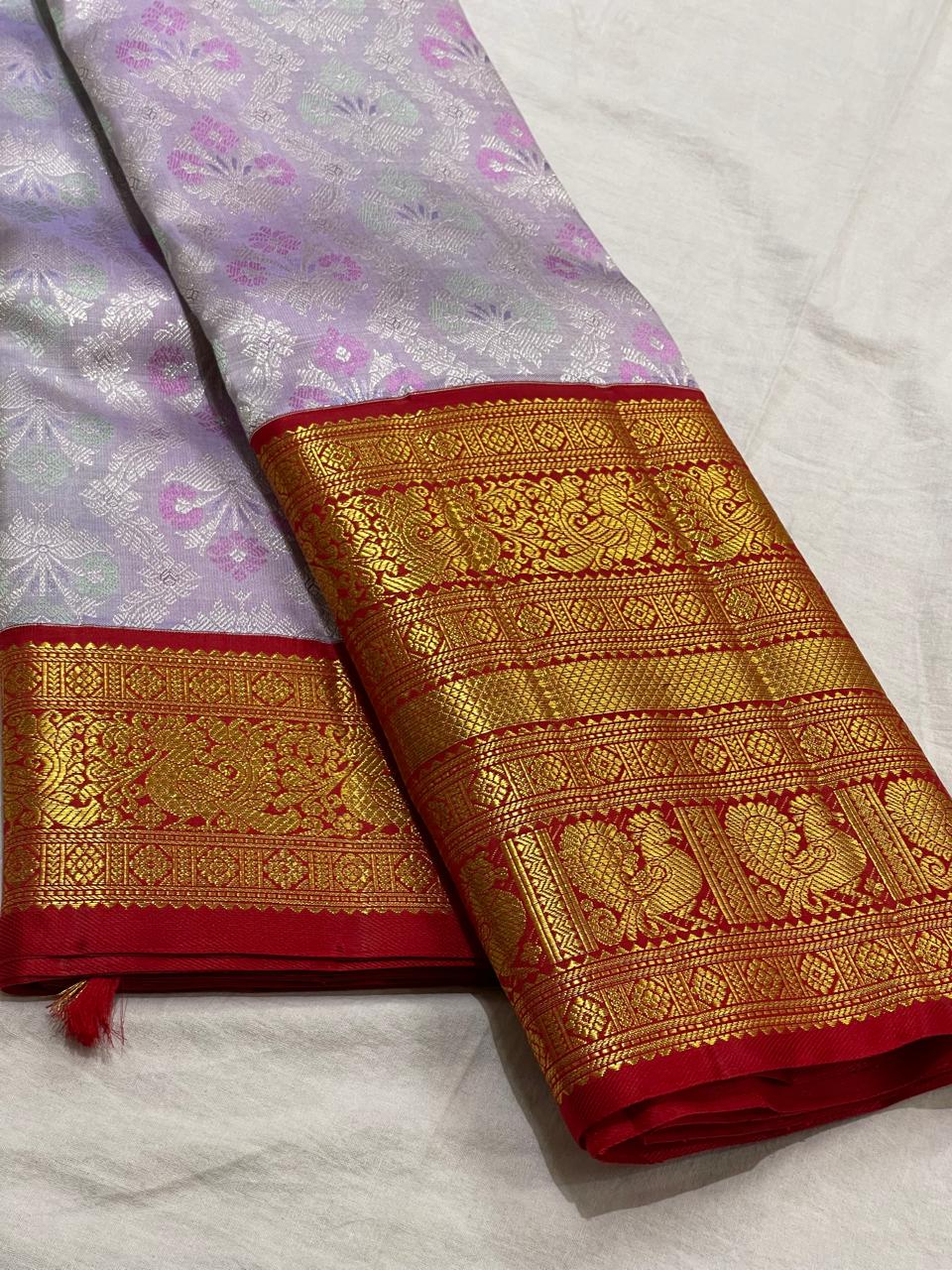 SILVER/MARRON  COMBITION PURE KANCHI SILK SAREE