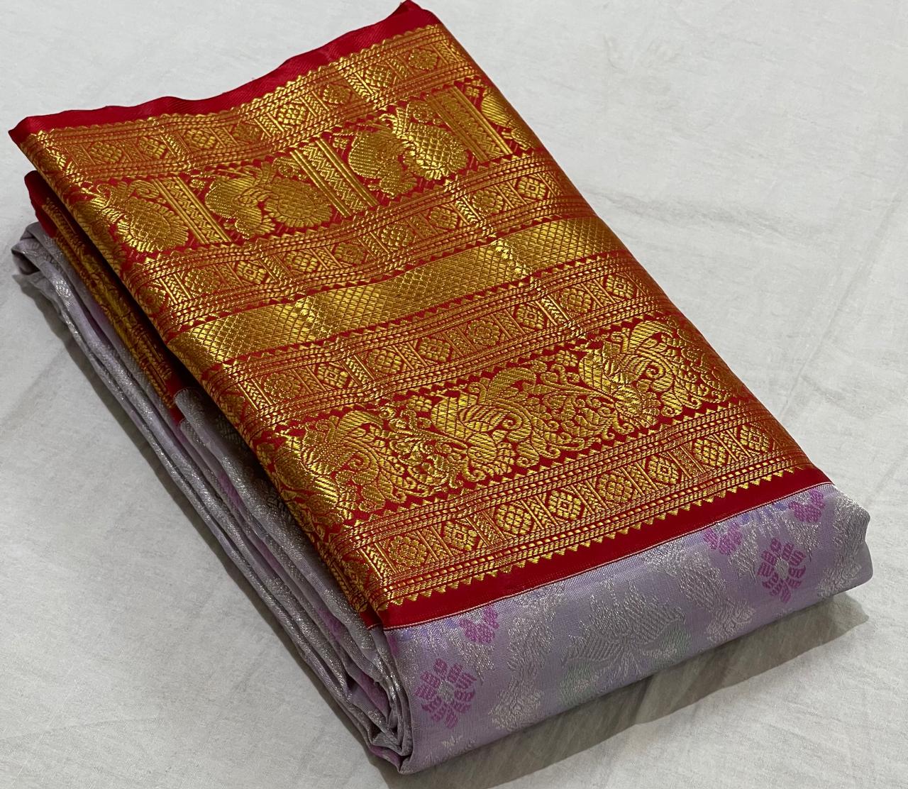 SILVER/MARRON  COMBITION PURE KANCHI SILK SAREE