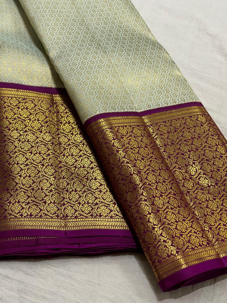 LITE PISTA GREEN/PURPLE COMBITION PURE KANCHI SILK SAREE