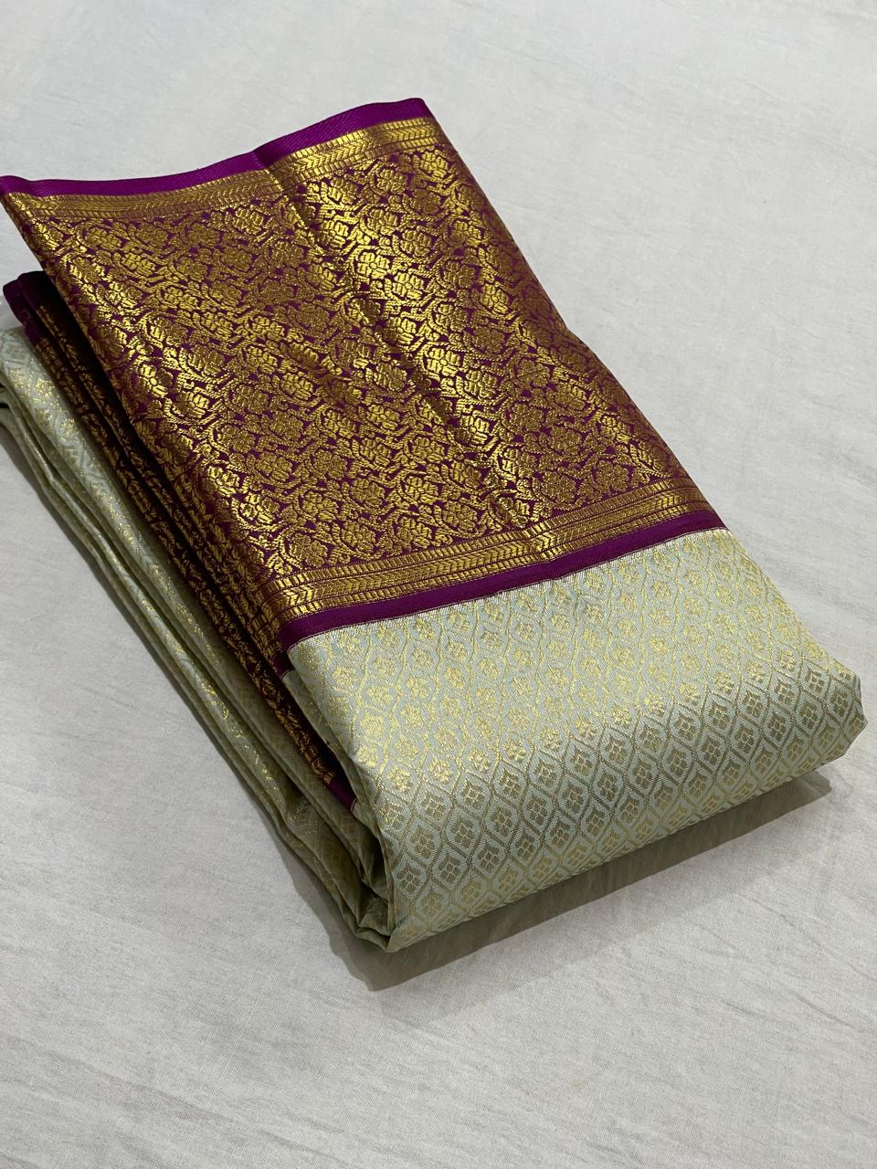 LITE PISTA GREEN/PURPLE COMBITION PURE KANCHI SILK SAREE