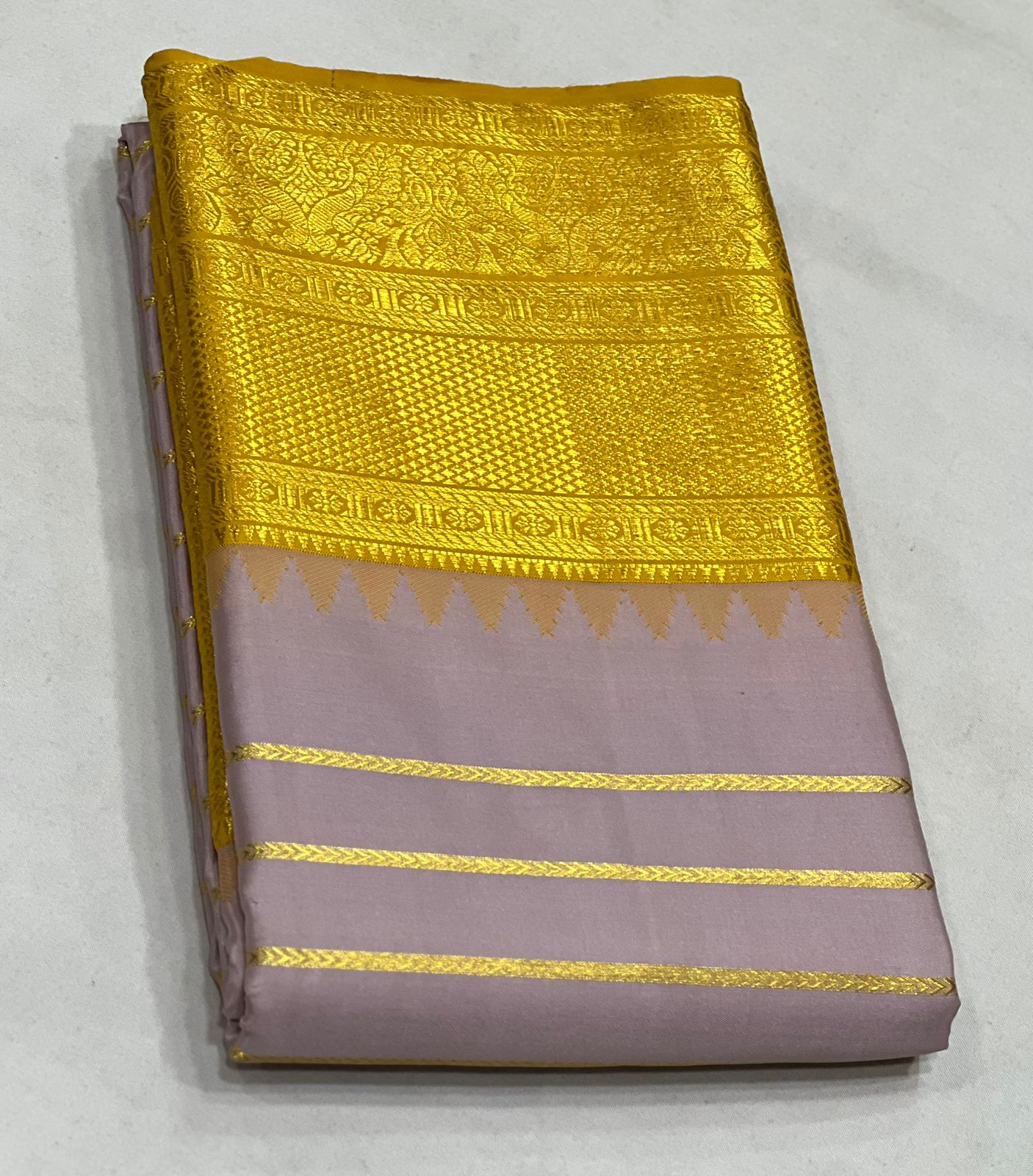 ASH/MUSTARD YELLOW  BORDER COMBITION PURE KANCHI SILK SAREE