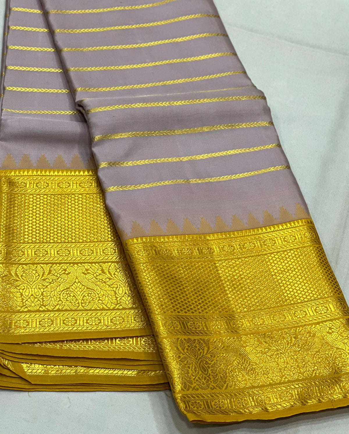 ASH/MUSTARD YELLOW  BORDER COMBITION PURE KANCHI SILK SAREE