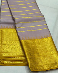 ASH/MUSTARD YELLOW  BORDER COMBITION PURE KANCHI SILK SAREE