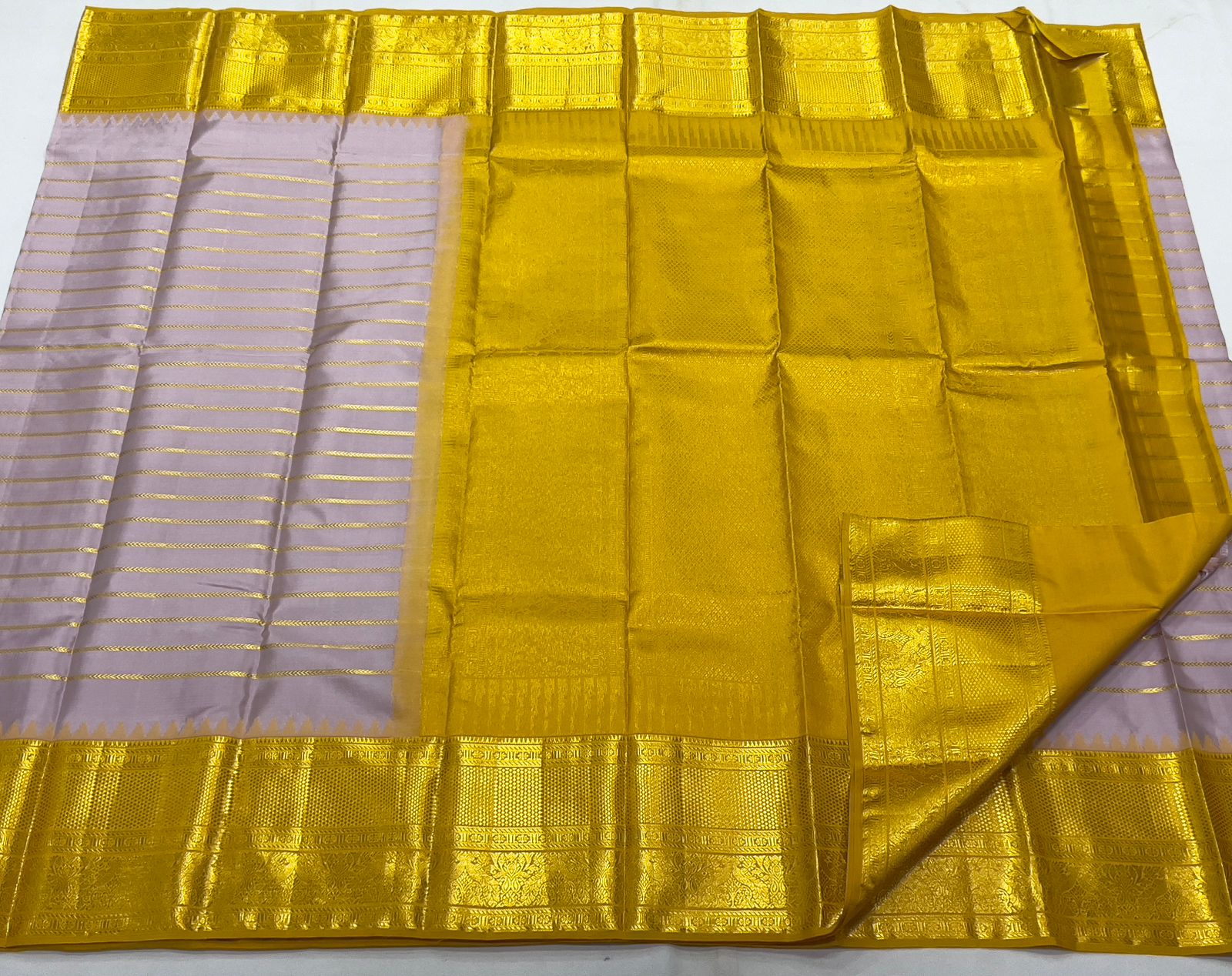 ASH/MUSTARD YELLOW  BORDER COMBITION PURE KANCHI SILK SAREE