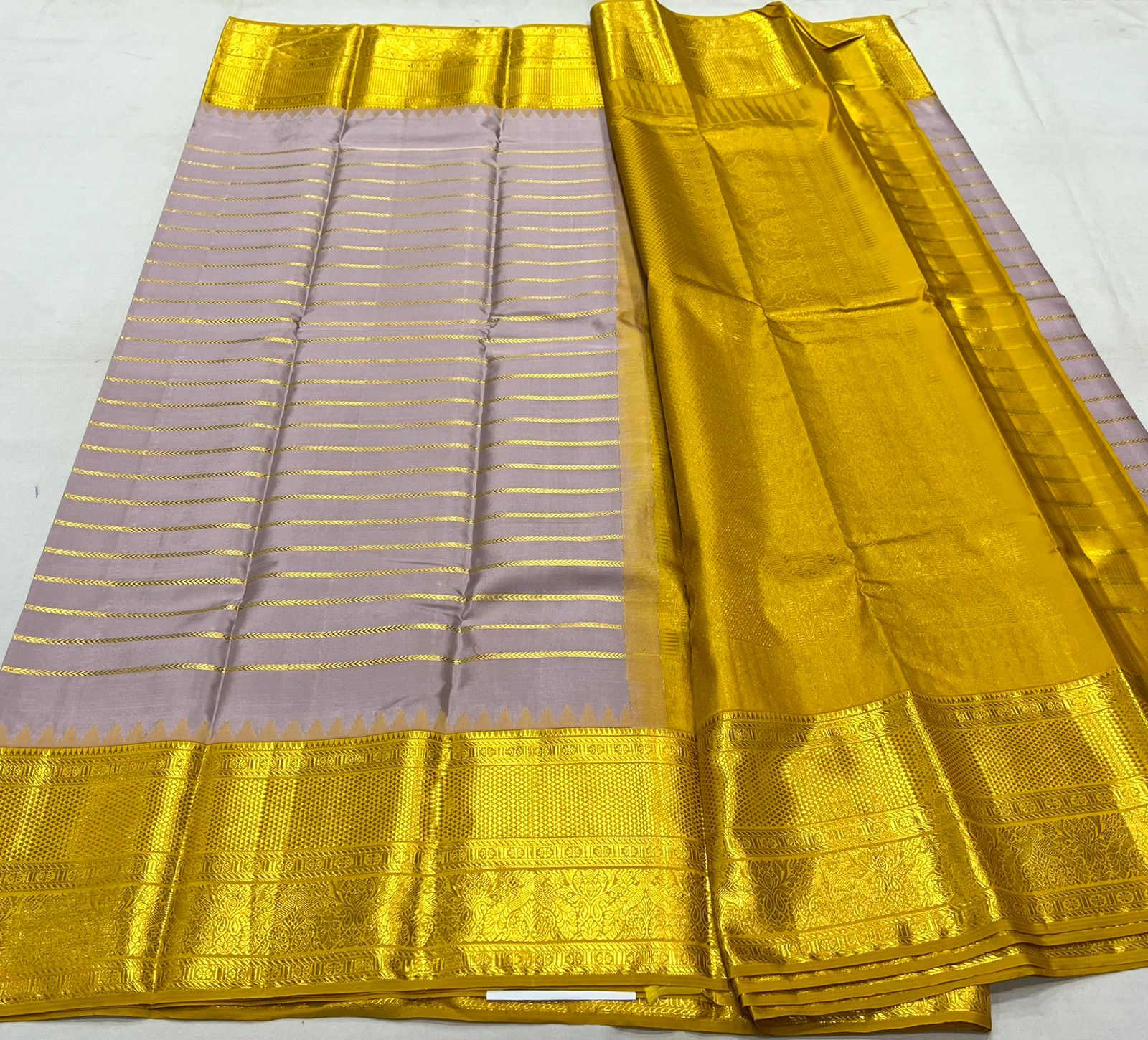 ASH/MUSTARD YELLOW  BORDER COMBITION PURE KANCHI SILK SAREE