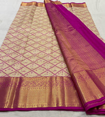 CREAM/PINK  BORDER COMBITION PURE KANCHI SILK SAREE