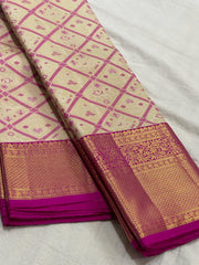 CREAM/PINK  BORDER COMBITION PURE KANCHI SILK SAREE