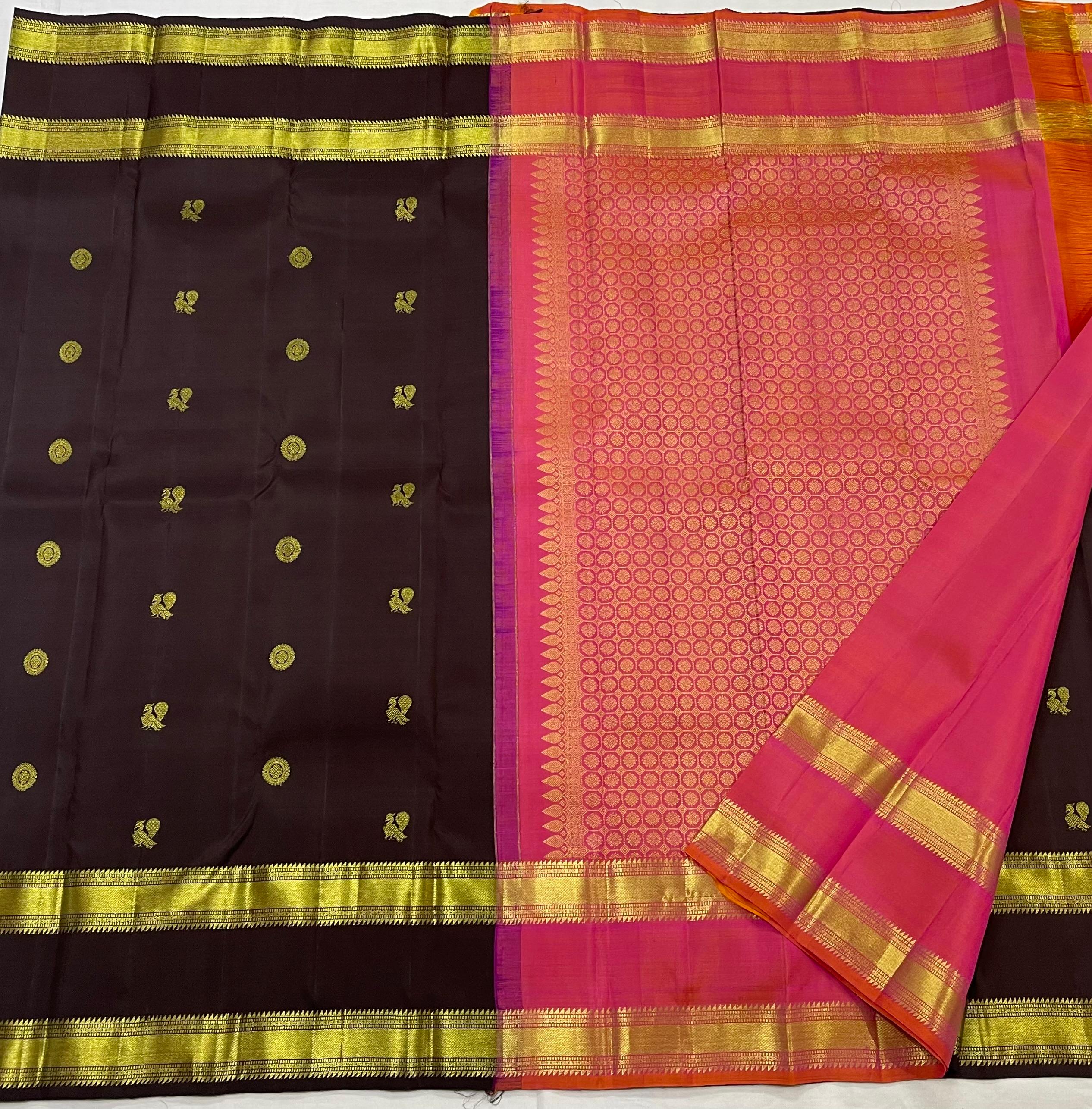 DARK BROWN & PINK COLOUR \ GOLD BORDER KUCHI SILK SAREES