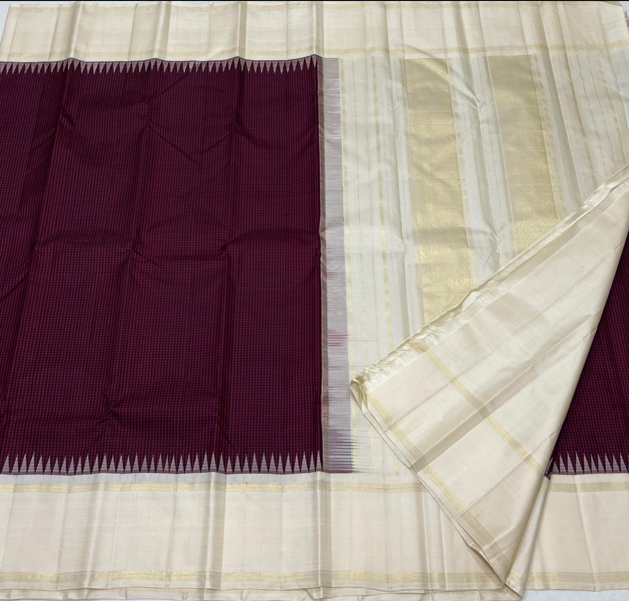 WINE/CREAM  BORDER COMBITION PURE KANCHI SILK SAREE