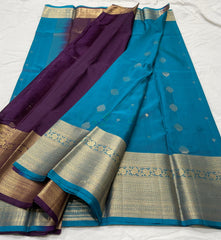 AQUA BLUE/WINE  BORDER COMBITION PURE KANCHI SILK SAREE