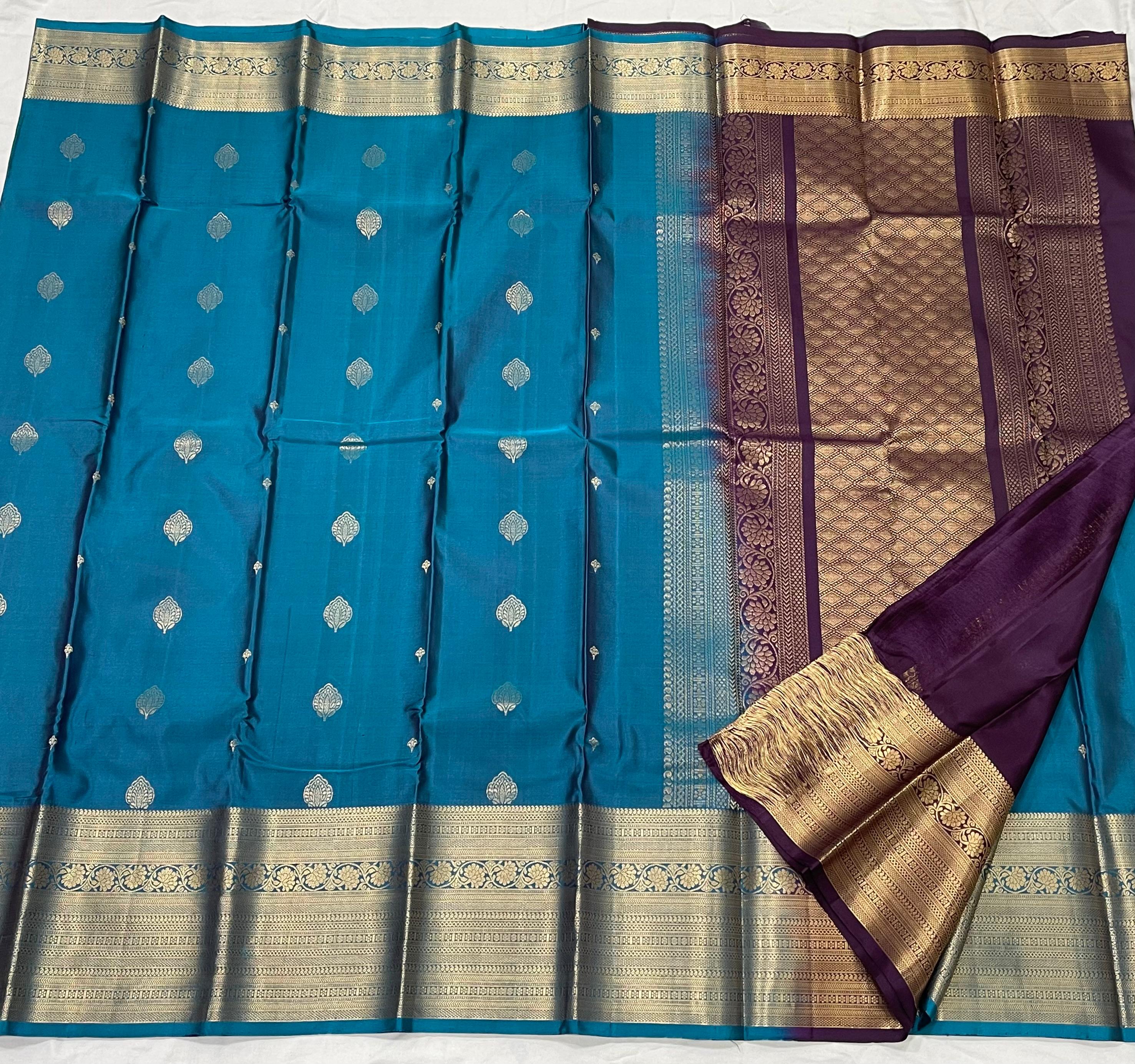 AQUA BLUE/WINE  BORDER COMBITION PURE KANCHI SILK SAREE