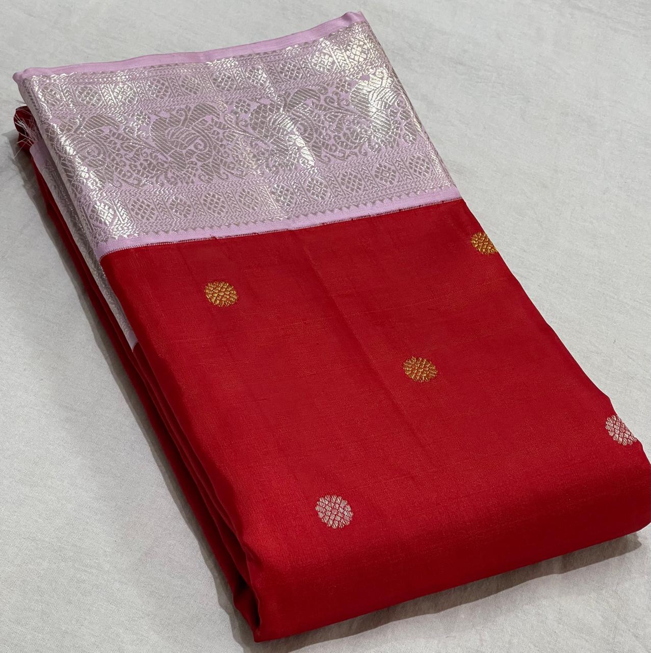 RED/LILAC  BORDER COMBITION PURE KANCHI SILK SAREE