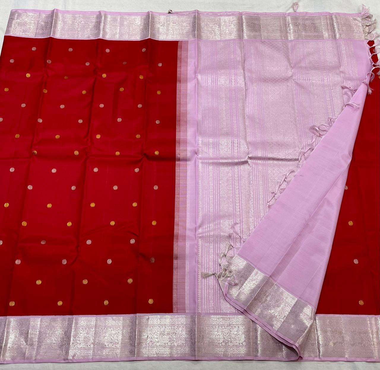 RED/LILAC  BORDER COMBITION PURE KANCHI SILK SAREE