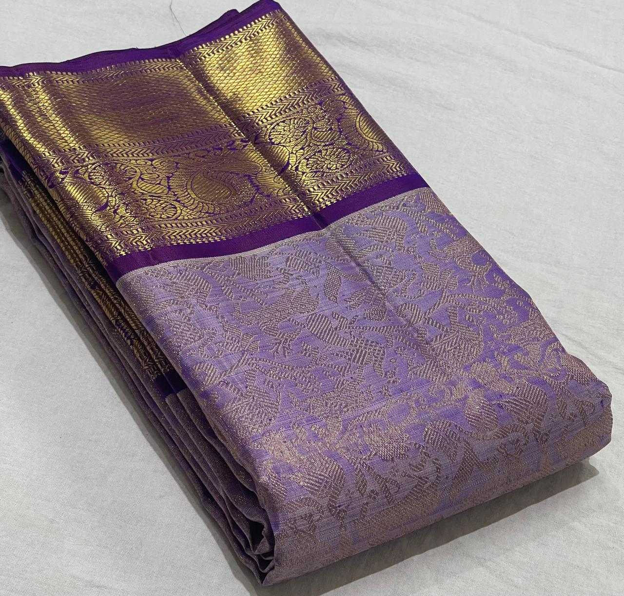 LAVENDER/VOILET BORDER COMBITION PURE KANCHI SILK SAREE