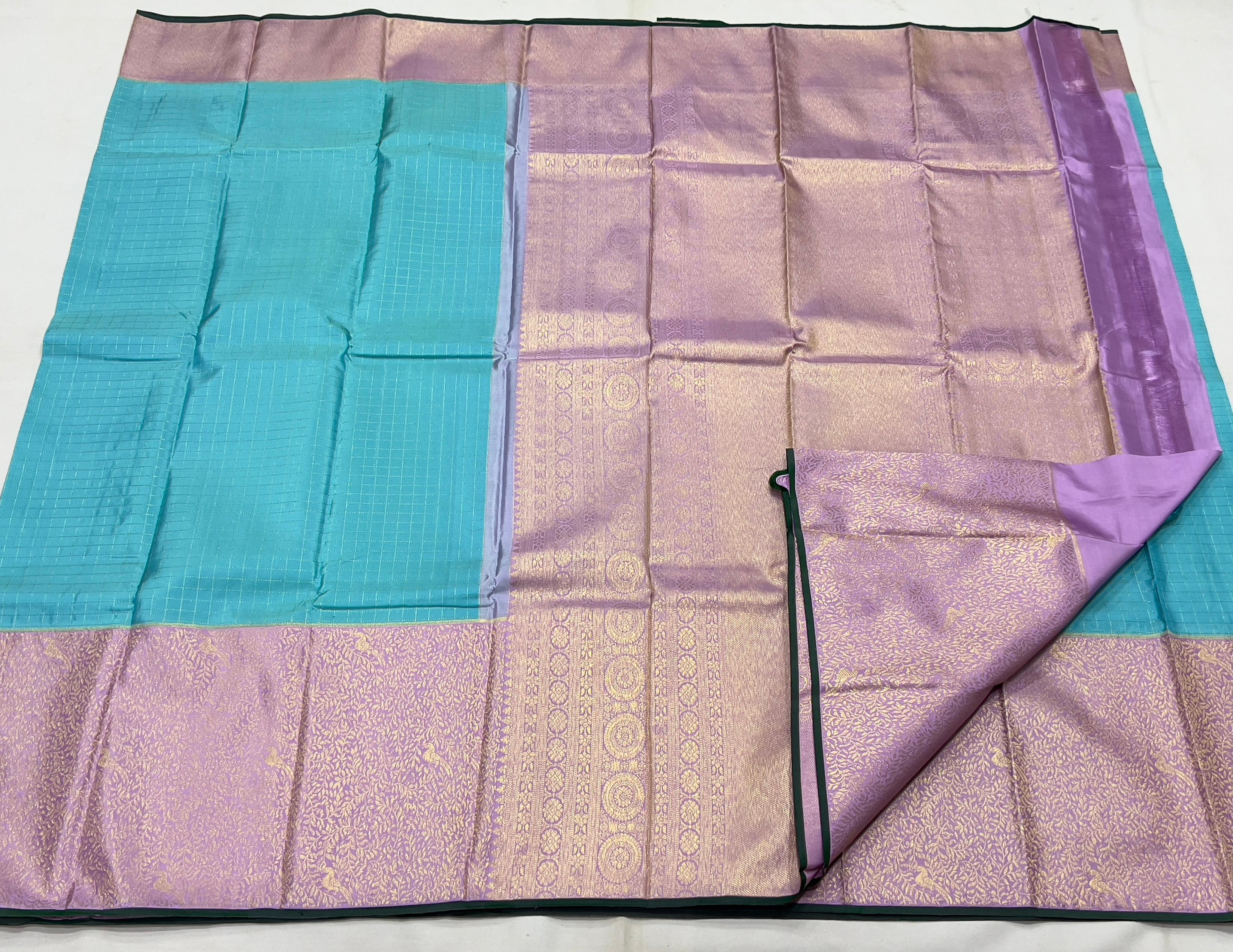 SKY BLUE/LILAC  BORDER COMBITION PURE KANCHI SILK SAREE