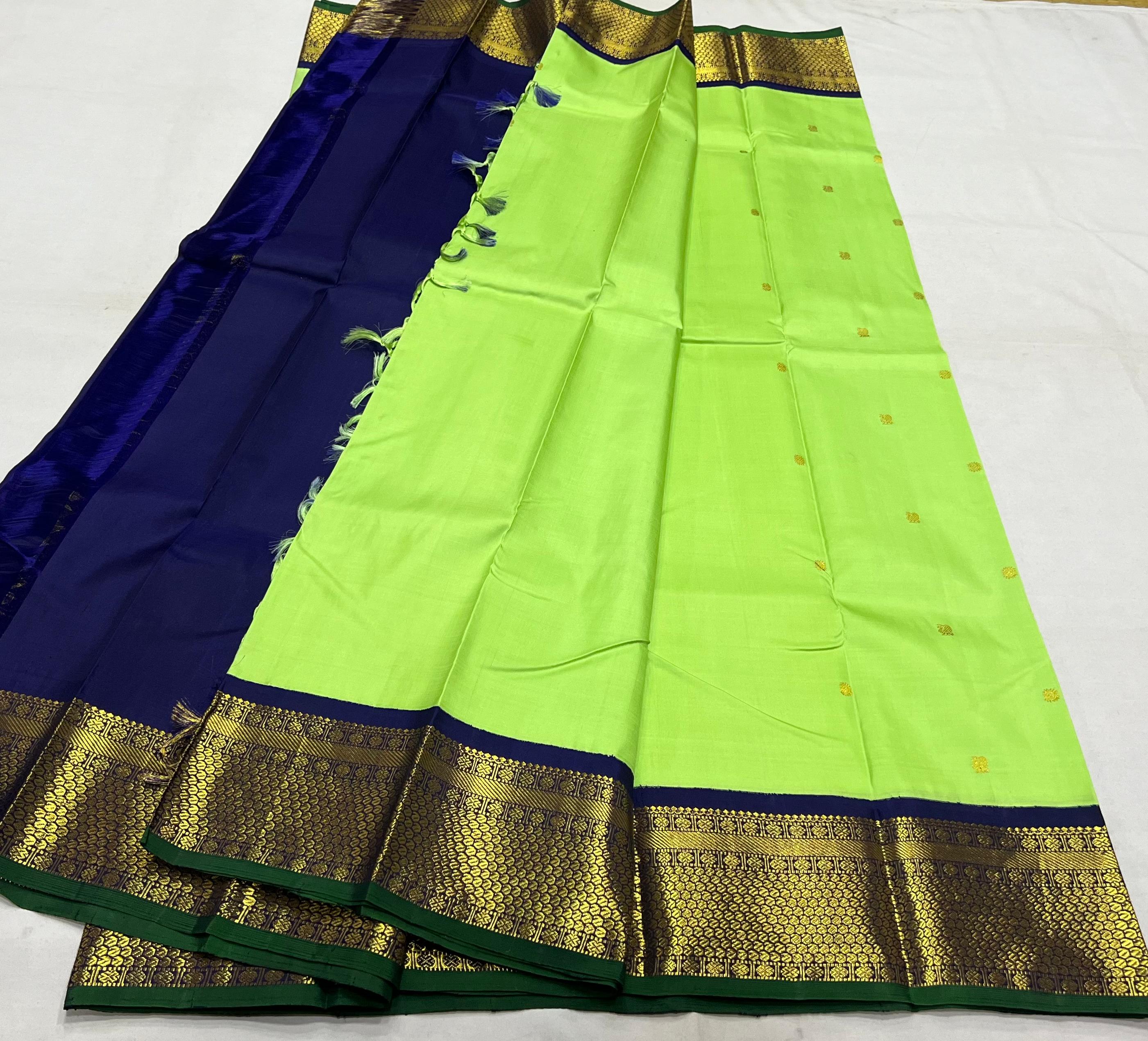 RADIUM GREEN/NAVY BLUE  BORDER COMBITION PURE KANCHI SILK SAREE