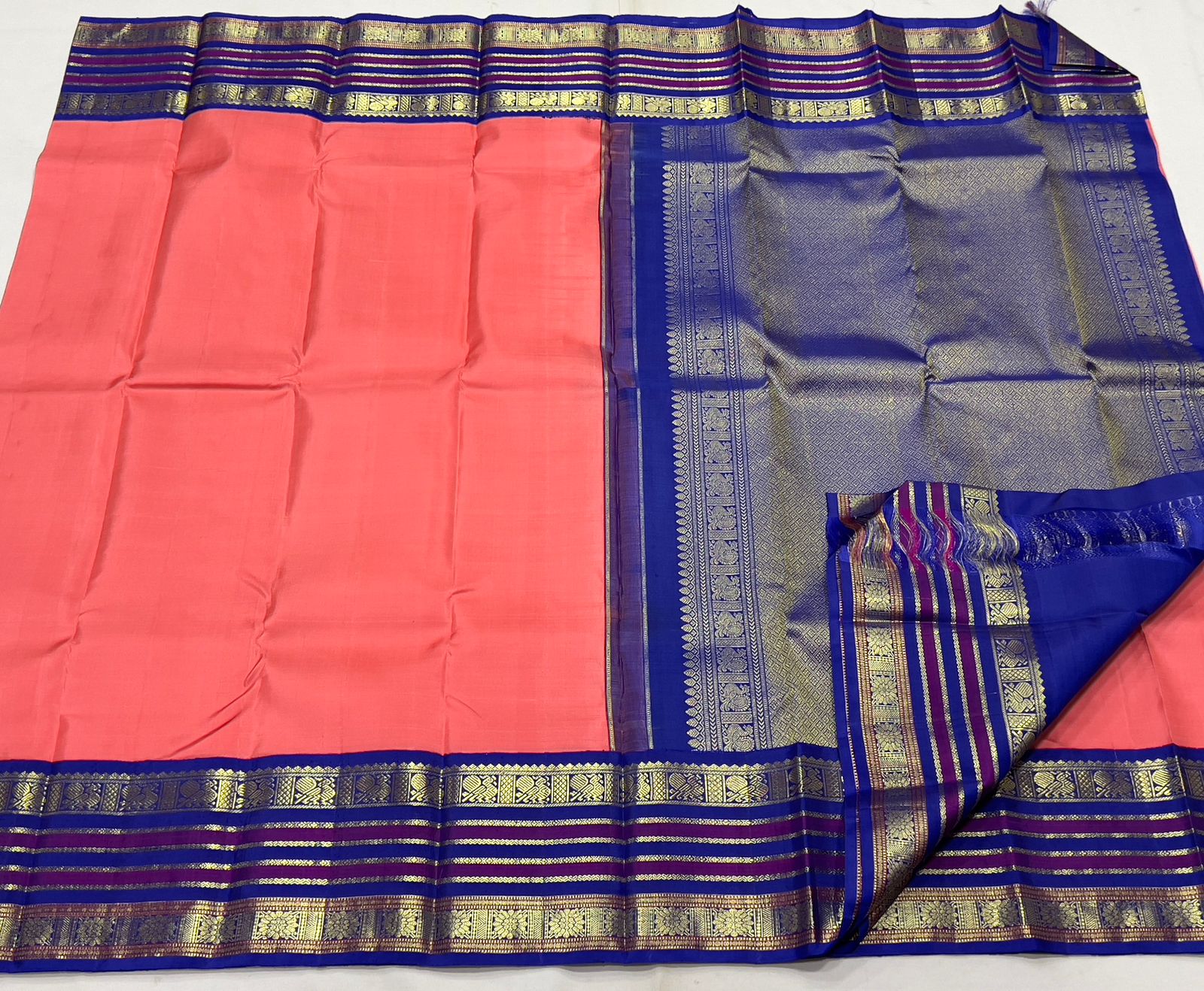 LITE ORANGE/ROYAL BLUE  BORDER COMBITION PURE KANCHI SILK SAREE