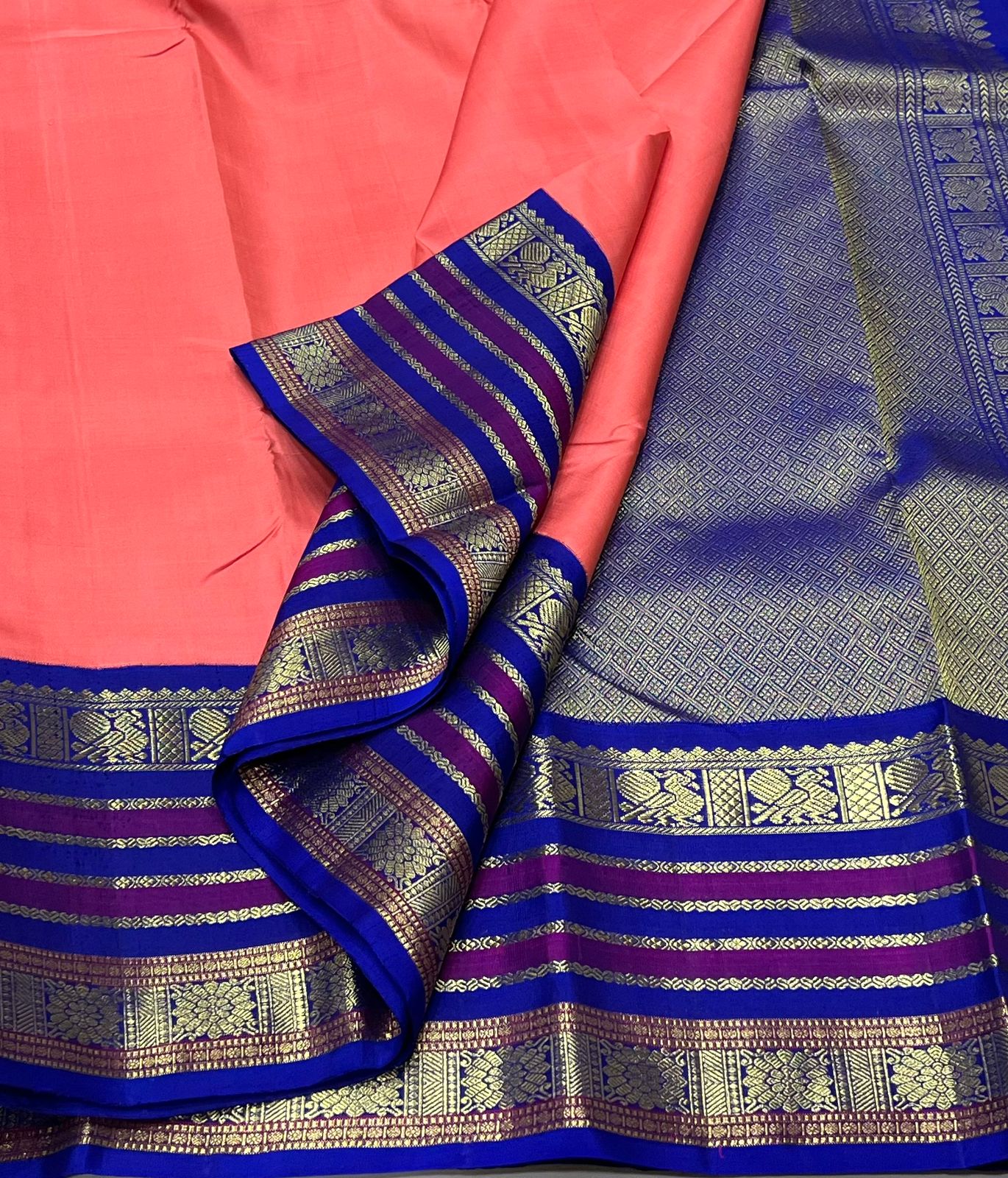 LITE ORANGE/ROYAL BLUE  BORDER COMBITION PURE KANCHI SILK SAREE