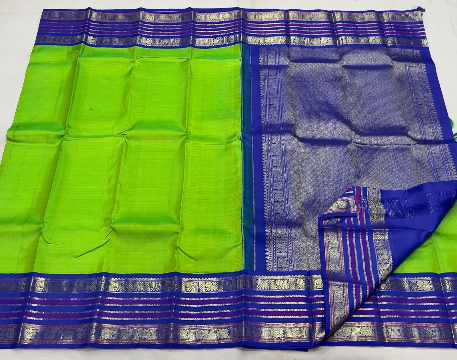 PARROT GREEN/ROYAL BLUE  BORDER COMBITION PURE KANCHI SILK SAREE