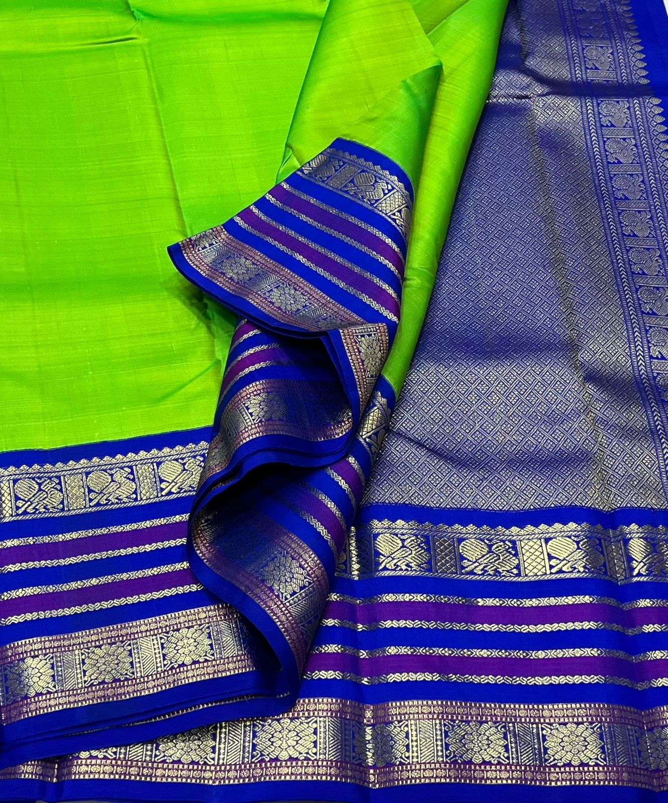 PARROT GREEN/ROYAL BLUE  BORDER COMBITION PURE KANCHI SILK SAREE