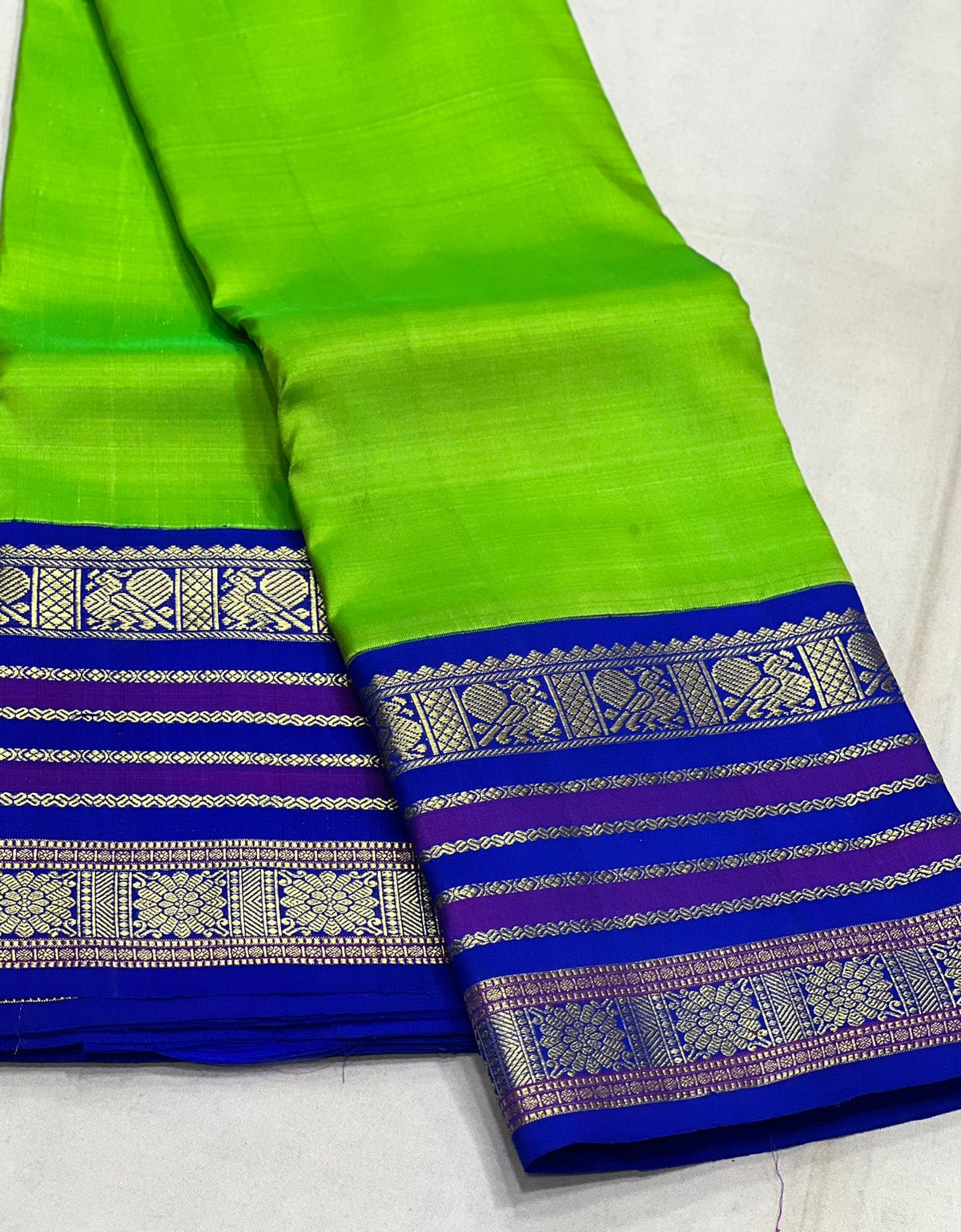 PARROT GREEN/ROYAL BLUE  BORDER COMBITION PURE KANCHI SILK SAREE