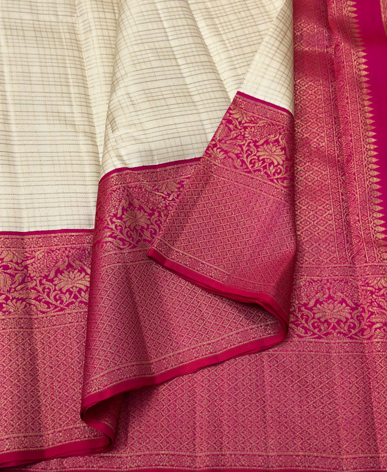 CREAM/PINK  BORDER COMBITION PURE KANCHI SILK SAREE