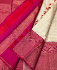 CREAM/PINK  BORDER COMBITION PURE KANCHI SILK SAREE