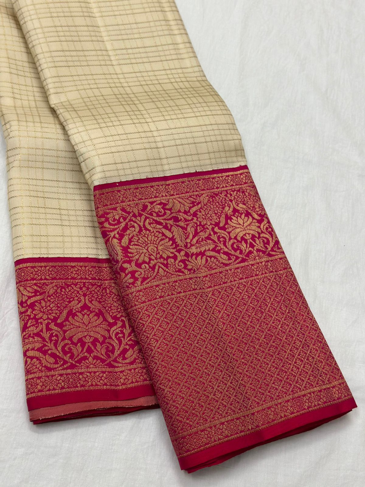 CREAM/PINK  BORDER COMBITION PURE KANCHI SILK SAREE