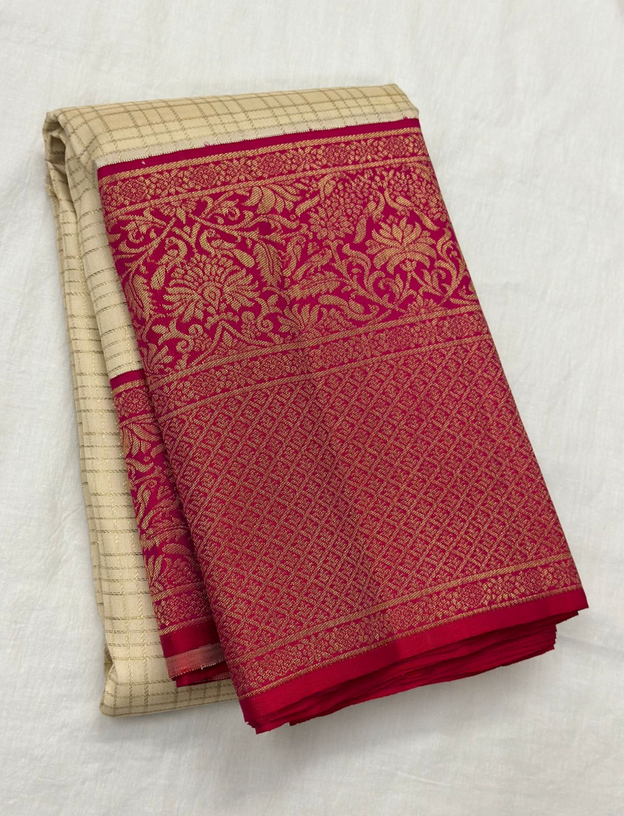 CREAM/PINK  BORDER COMBITION PURE KANCHI SILK SAREE