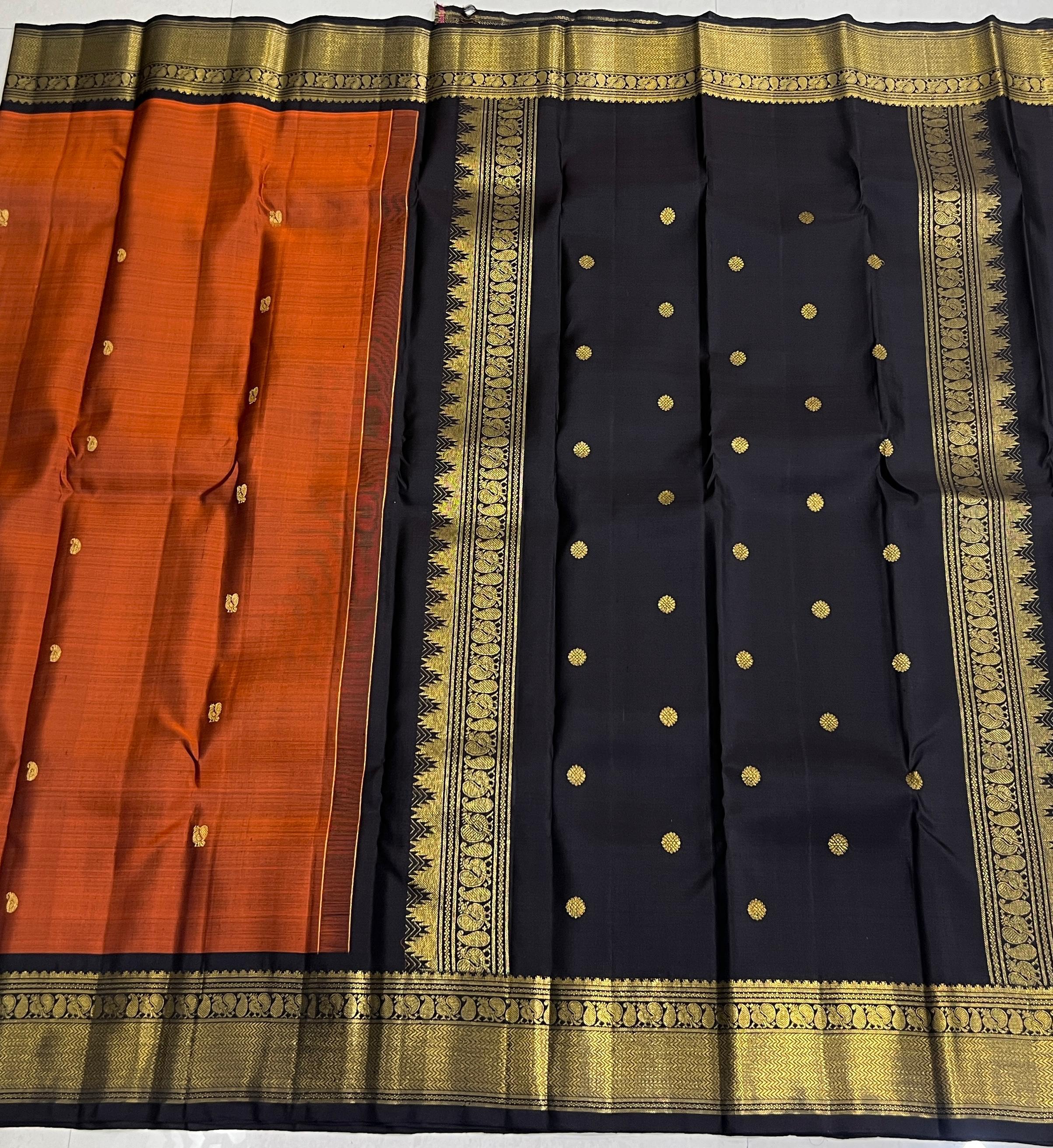 DARK ORANGE /BLACK BORDER COMBITION PURE KANCHI SILK SAREE