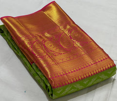 PARROT GREEN/PINK  BORDER COMBITION PURE KANCHI SILK SAREE