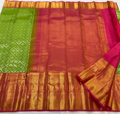 PARROT GREEN/PINK  BORDER COMBITION PURE KANCHI SILK SAREE